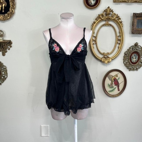 Victoria's Secret Tops - Vintage Y2K Victoria's Secret Black Embroidered Babydoll Top Coquette Lingerie